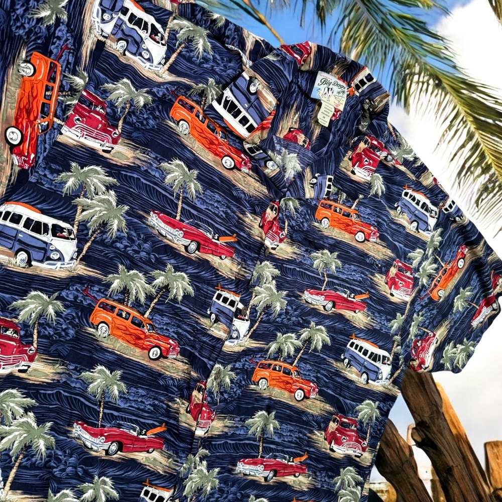 Big Dogs Button Up Men 3X Blue Classic Car Rayon Hawaiian Surf Beach Vacation